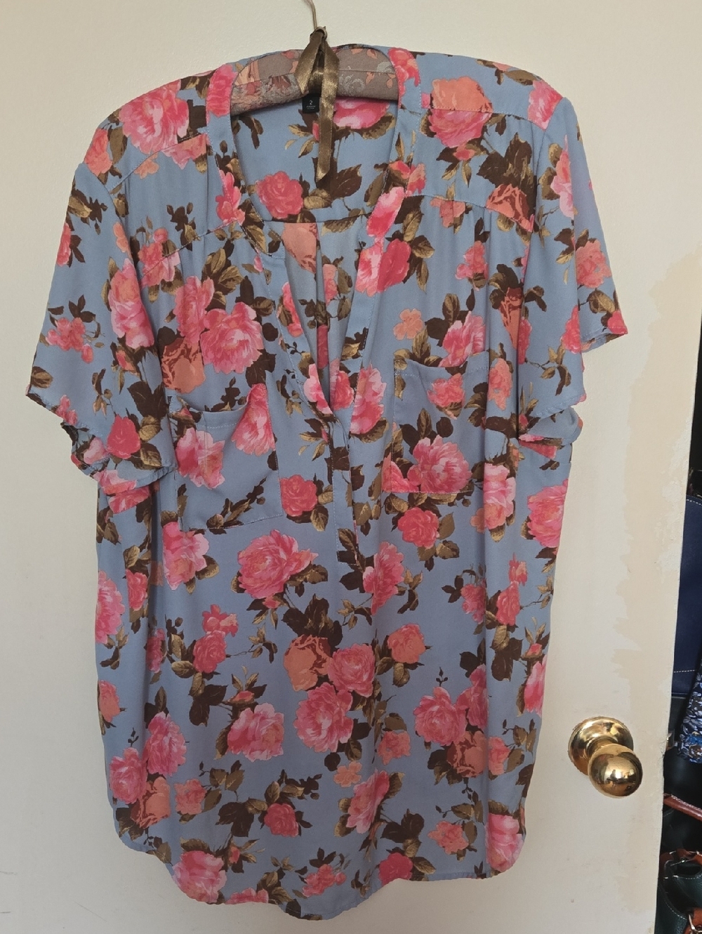 torrid Blue Floral Flutter Sleeve Blouse with Pink Roses